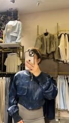 Crop saten lacivert cepli bomber ceket